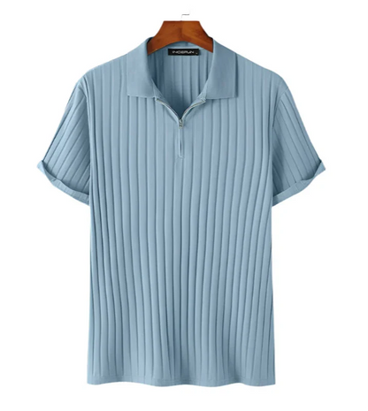 Men Casual Zipper Knitted Shirt | Summer Breathable Lapel Short Sleeve Blue