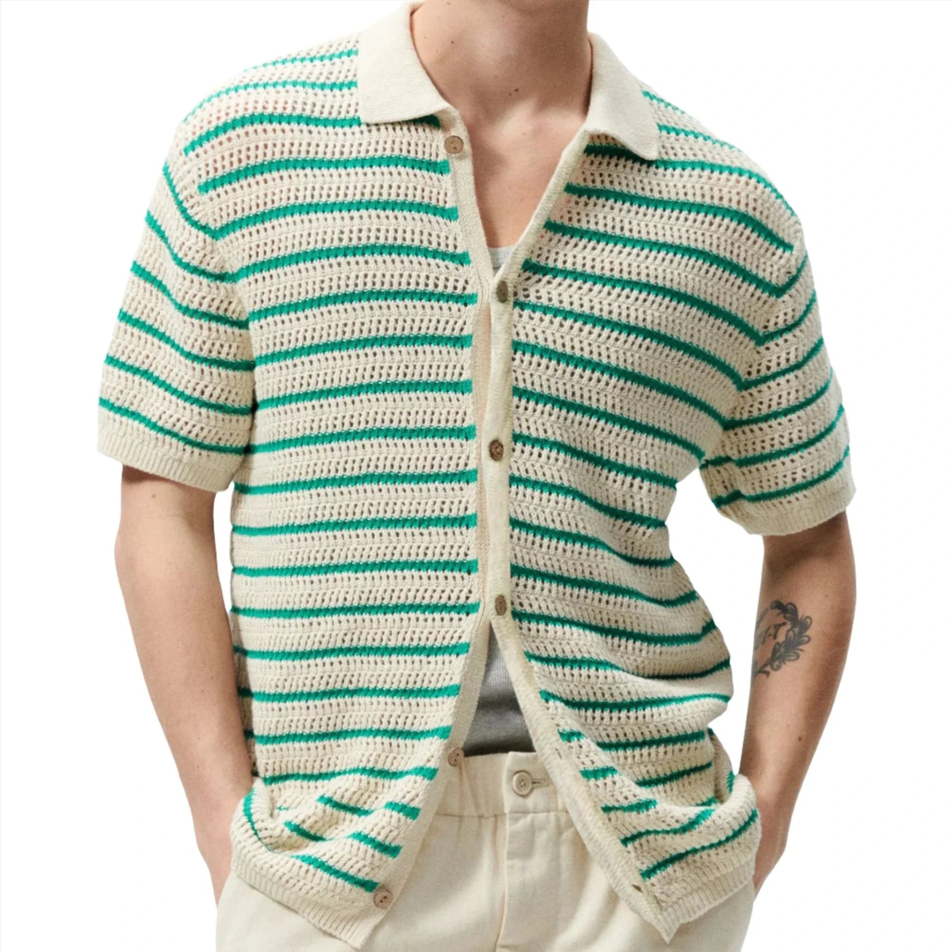 Men Knit Button Down Shirt | Men Breathable Hollow Striped Summer Shirt Green