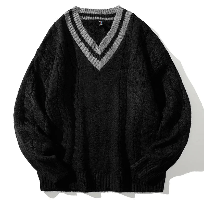 Men Knitted Ribbed Sweater | V-Neck Splicing Knit Pullover Black