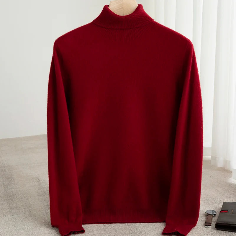 Men Merino Wool Turtleneck Knitted Pullover | Merino Wool Sweater | Cashmere Warm Knit Top Wine Red