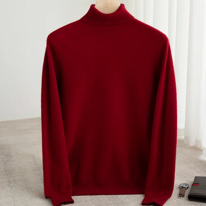 Men Merino Wool Turtleneck Knitted Pullover | Merino Wool Sweater | Cashmere Warm Knit Top Wine Red