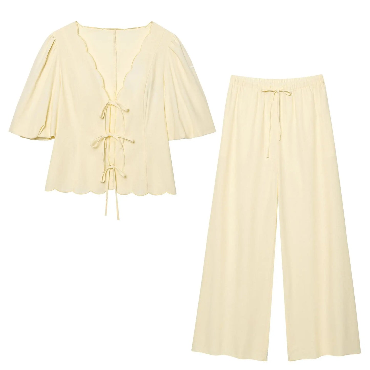 Women Butter Yellow Top and Pants Set | Puff Sleeve Blouse | Wide Leg Pants | Summer Vacation Set Set