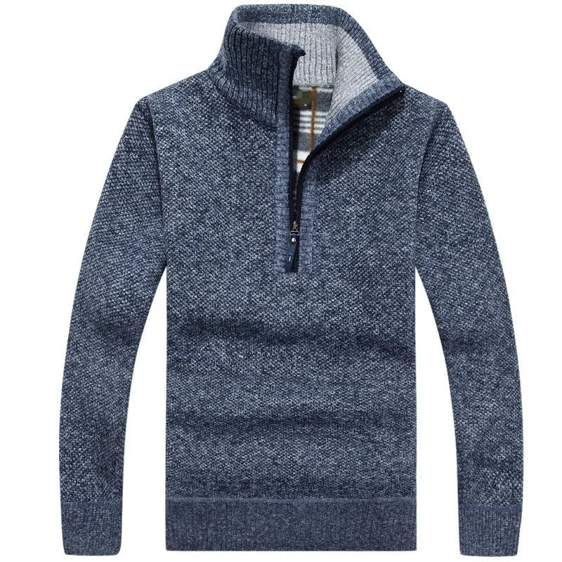 Men Fleece Thick Sweater | Half Zipper Turtleneck Warm Pullover | Slim Knitted Wool Sweater Blue