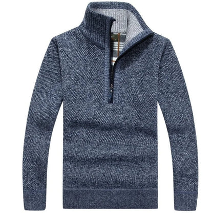 Men Fleece Thick Sweater | Half Zipper Turtleneck Warm Pullover | Slim Knitted Wool Sweater Blue
