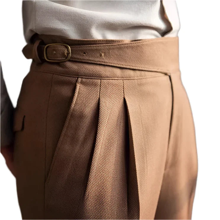 Men Vintage British Style Suit Pants | High Waisted Straight Pants | Smart Casual High Waist | Adjustable Pants Khaki