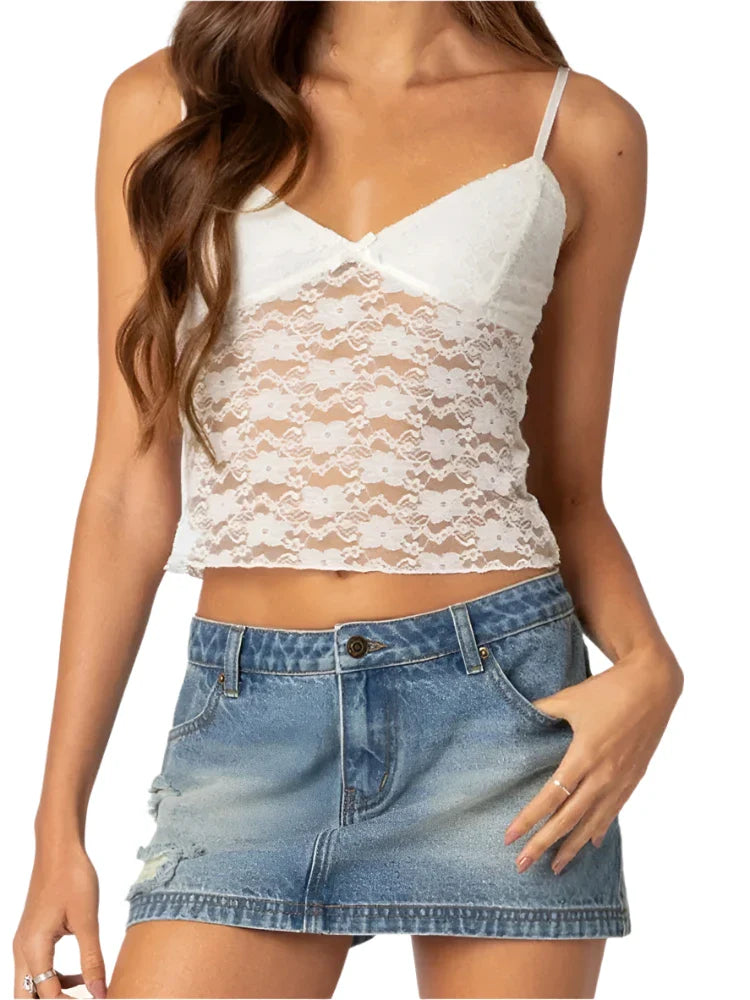 Women Lace Mesh See-Through Tank Top | Sleeveless Strap Slim Fit Camisole Top