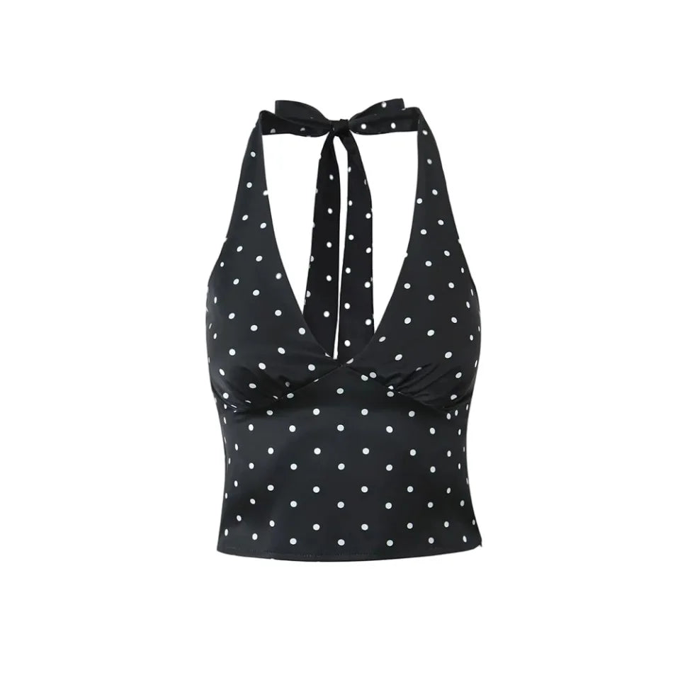 Women Polka Dot Print Top | Two-piece Set | Halter Neck Vest Top | Low Waist Skirt Black Top