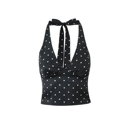 Women Polka Dot Print Top | Two-piece Set | Halter Neck Vest Top | Low Waist Skirt Black Top