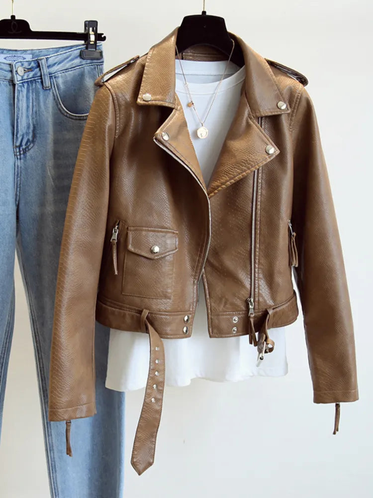 Women Biker Leather Jacket with Belt Brown