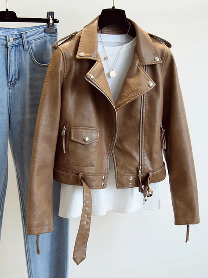 Women Biker Leather Jacket with Belt Brown