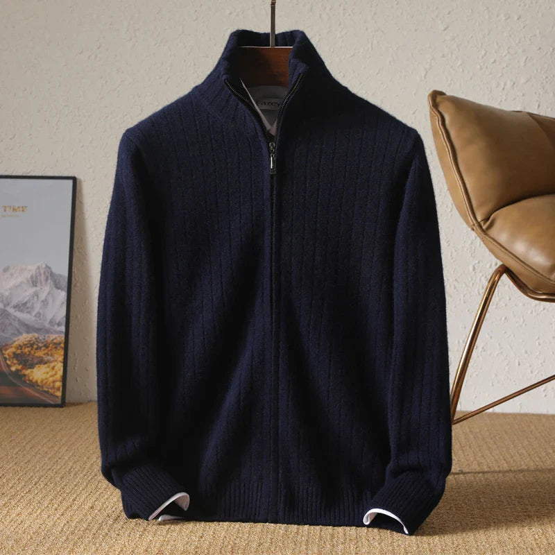 Men Merino Wool Stand-Up Collar Cardigan | Business Casual | Warm Zipper Jacket Dark Blue