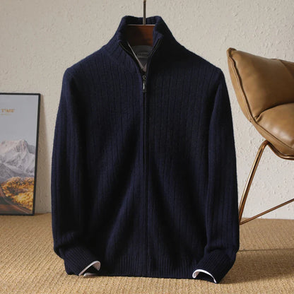 Men Merino Wool Stand-Up Collar Cardigan | Business Casual | Warm Zipper Jacket Dark Blue