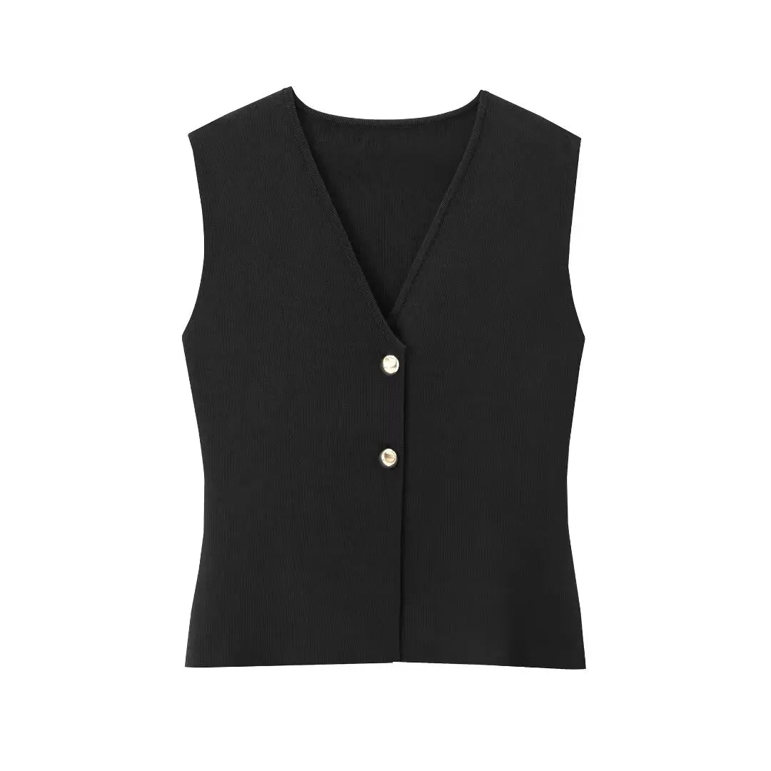Women V-Neck Pleated Knitted Casual Vest Top | Summer Button Sleeveless Vest black