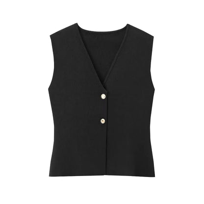 Women V-Neck Pleated Knitted Casual Vest Top | Summer Button Sleeveless Vest black