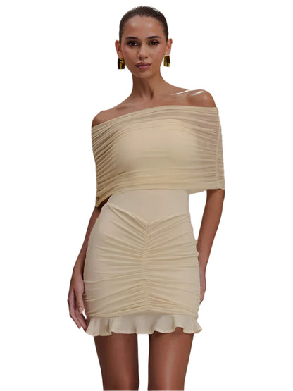 Women Ruffled Mesh Off-Shoulder Mini Dress | Backless Short Party Dress Yellow