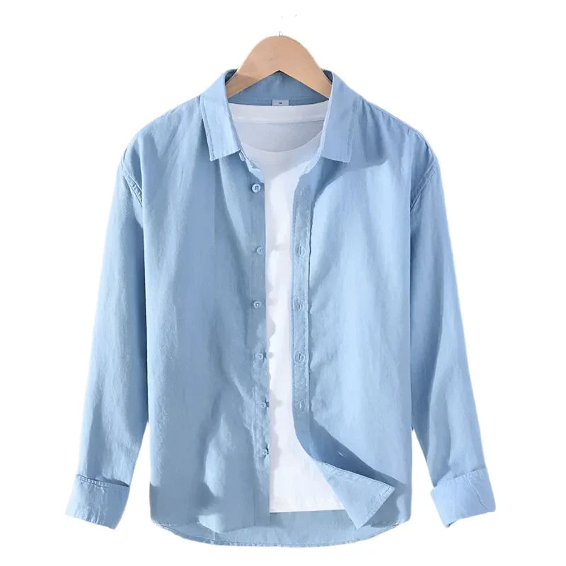 Men Linen Shirt | Long Sleeves Button Down Top | Stand Collar Plain Color Shirt Sky Blue
