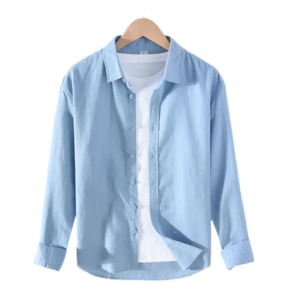 Men Linen Shirt | Long Sleeves Button Down Top | Stand Collar Plain Color Shirt Sky Blue