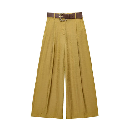 Women Satin with Belt High Waisted Trousers | Wide Leg Pants | Casual Pants Gold