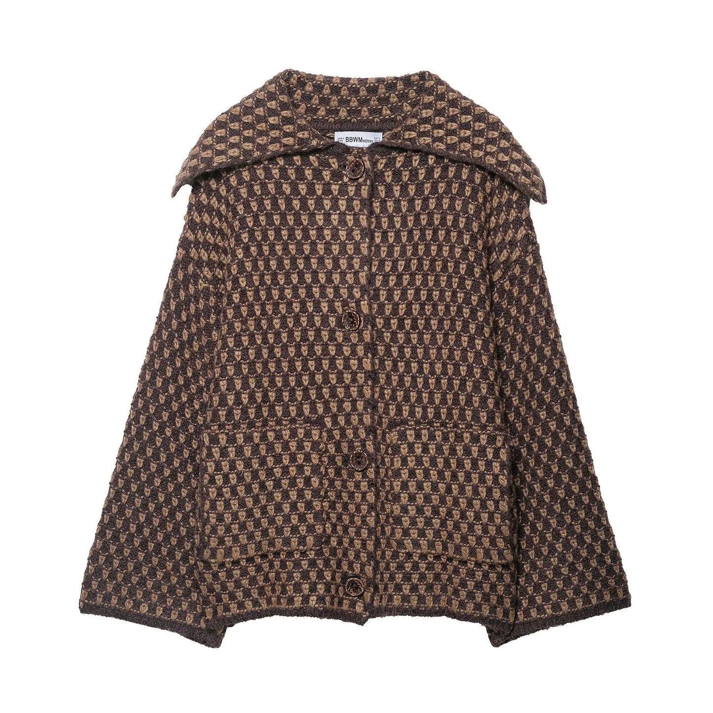 Women Oversized Knitted Jacket | Large Collar | Street Style | Geometric Pattern Brown