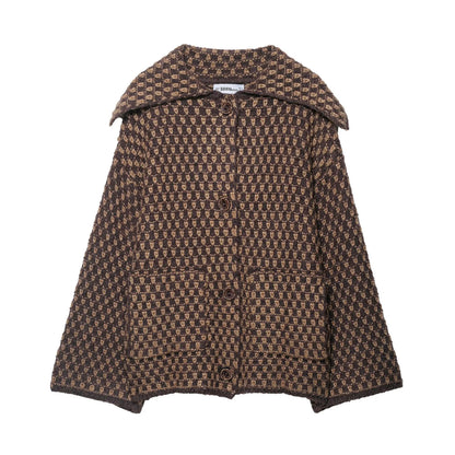Women Oversized Knitted Jacket | Large Collar | Street Style | Geometric Pattern Brown