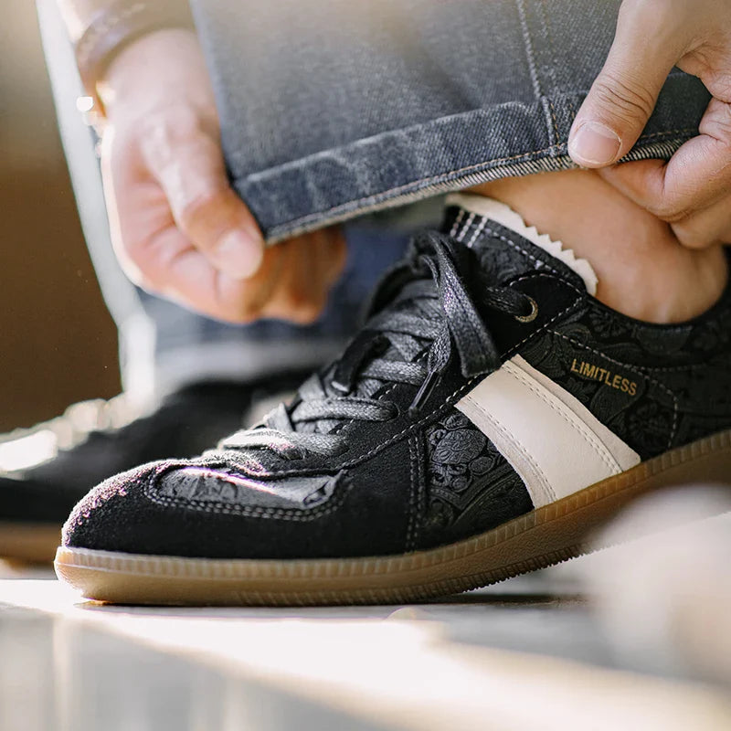 Men Vintage German Training Classic Shoes | Black Silk Casual Sneakers | Versatile Flat Low-Top Shoes Black