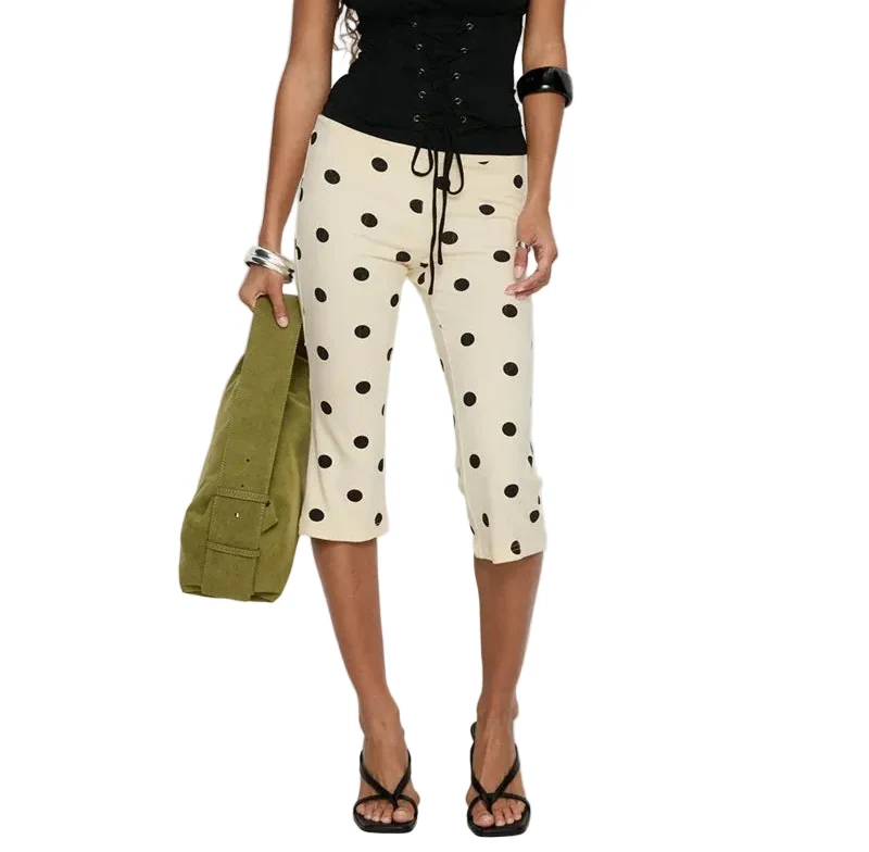 Women Vintage Polka Dot Capri Pants | High Waist | Slim Fit | Cropped Pants | Trousers | Y2K