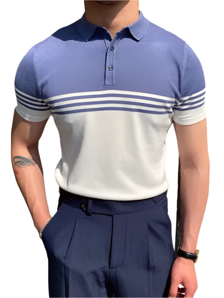 Men’s Striped Cotton Polo Shirts | Casual Short Sleeve Pullover Blue