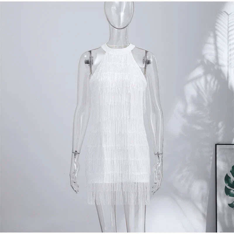 Women Sequin Halter Dress | Tassel | Sleeveless | Backless | Mini Fringed Dress