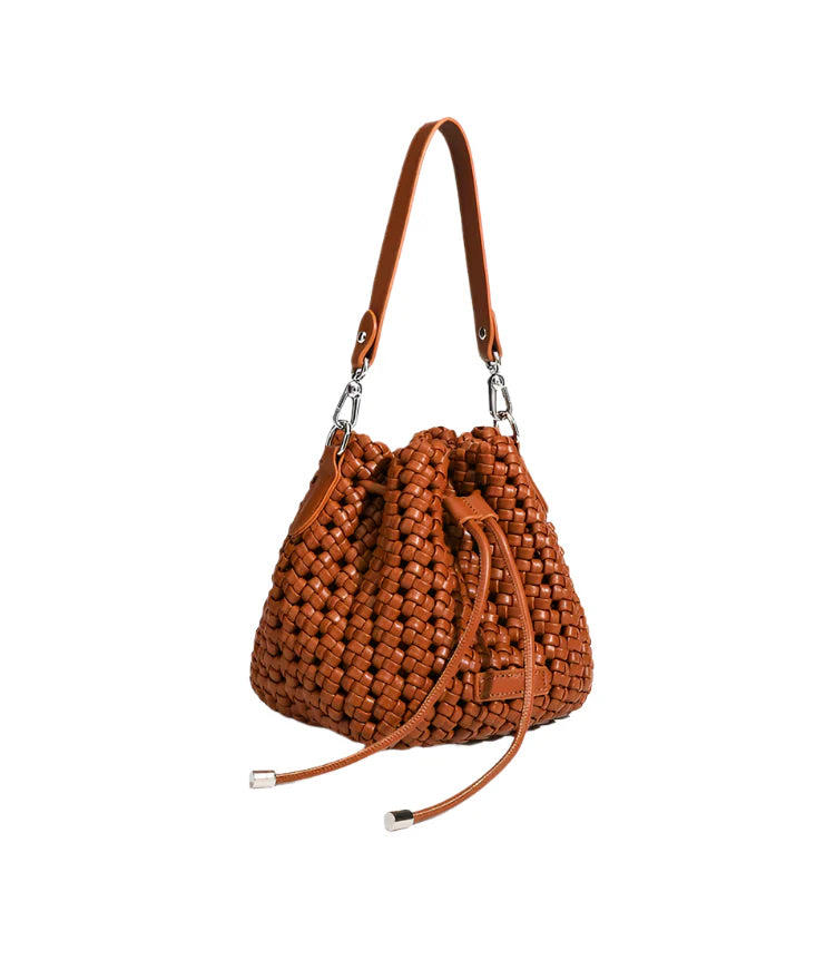 Women Leather Hollow Cut Woven Crossbody Bag Brown