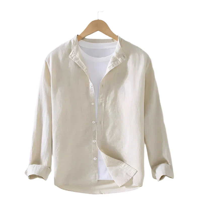 Men’s Mandarin Collared Linen Shirt | Long Sleeves Button Down Top | Plain Color Khaki