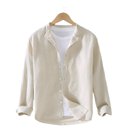 Men’s Mandarin Collared Linen Shirt | Long Sleeves Button Down Top | Plain Color Khaki