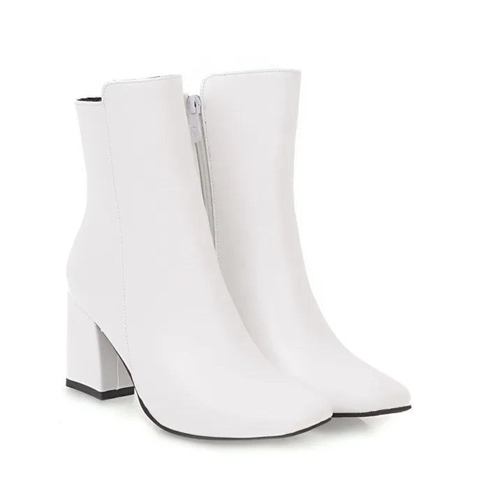 Women Winter Ankle Zipper Boots | High Block Heel Boots White