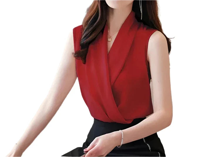 Women’s Satin Sleeveless Blouse | Solid Color Office Shirt Red