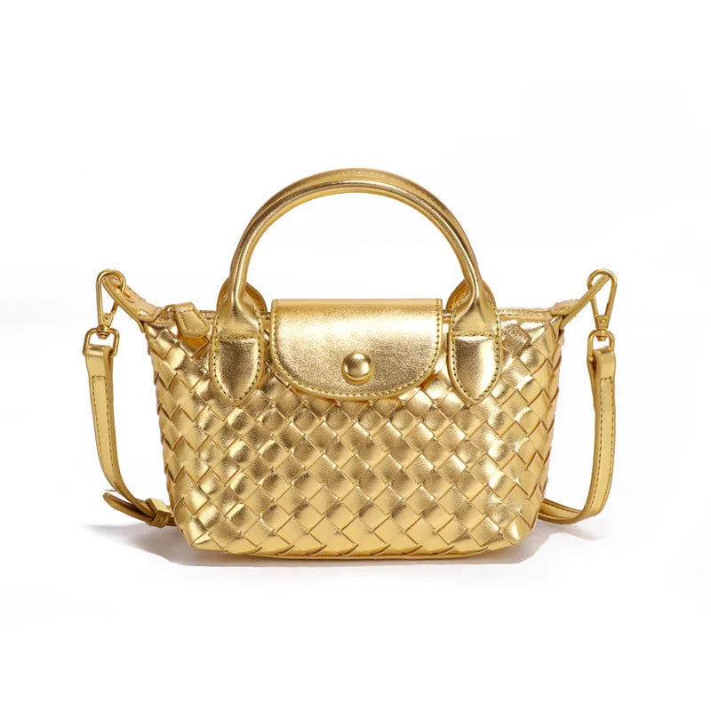 Women Woven Shoulder Bag | Small Dumpling Bag | Bucket Bag | Crossbody Bag | Lunch Box Bag Golden