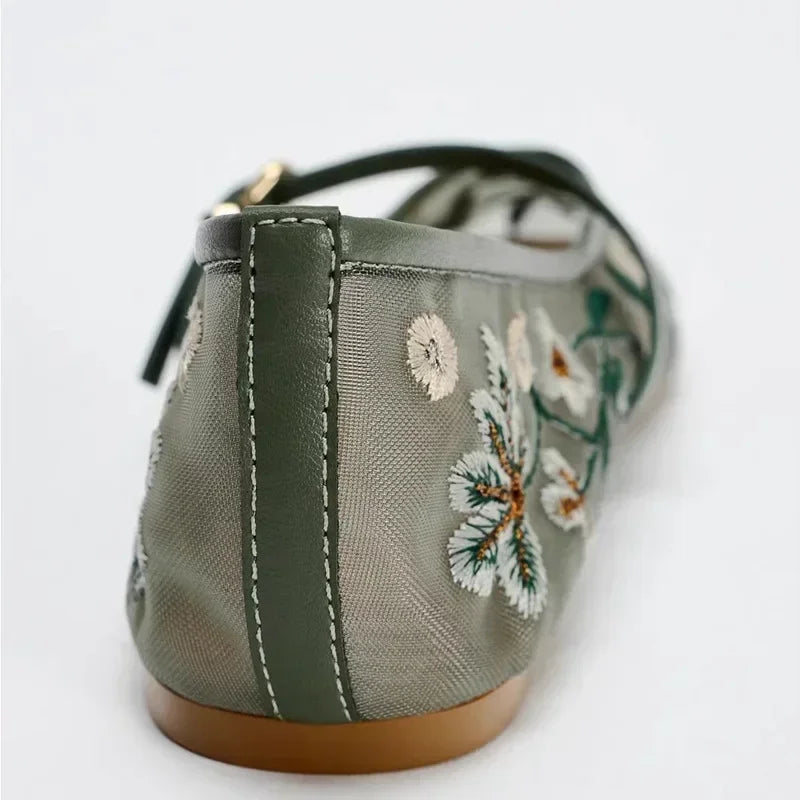 Women Flower Embroidered Mesh Ballet Flats | Mary Jane Shoes | Ballerina Flats | Ballet Pumps