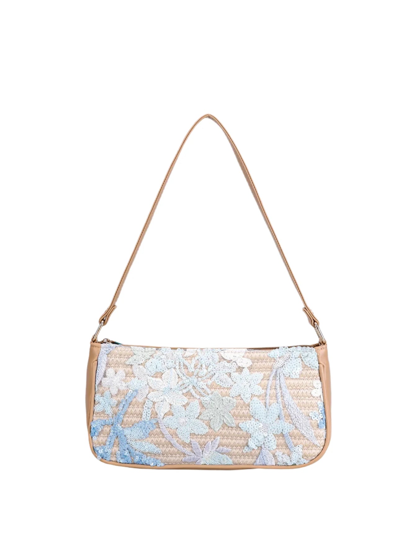 Women Sequin Embroidery Underarm Bag | Flower Pattern Shoulder Bag | Summer Beach Handbag Light Blue