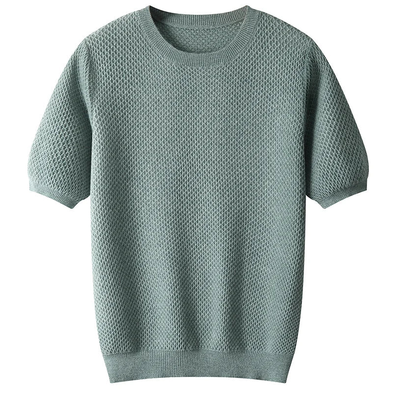 Men Short Sleeves Wool Sweater | Wool Solid Color T-Neck Pullover green
