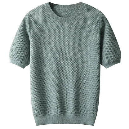 Men Short Sleeves Wool Sweater | Wool Solid Color T-Neck Pullover green