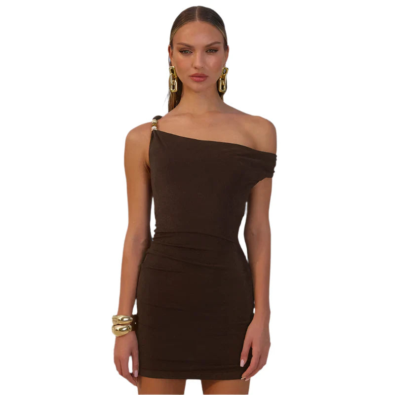 Women Summer Diagonal Shoulder Dress | Asymmetrical Mini Dress Brown