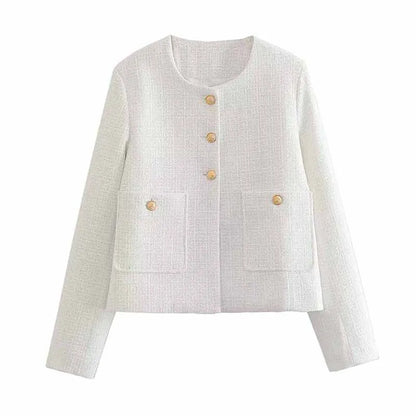 Camel O-neck Tweed Short Coat Women white