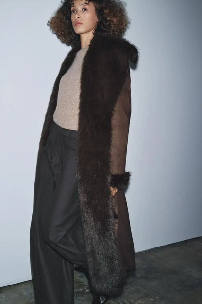 Women Winter Long Coat | Fur Collar | Belted | Mid-Length