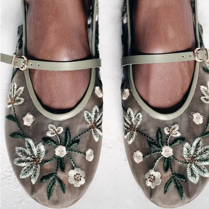 Women Flower Embroidered Mesh Ballet Flats | Mary Jane Shoes | Ballerina Flats | Ballet Pumps
