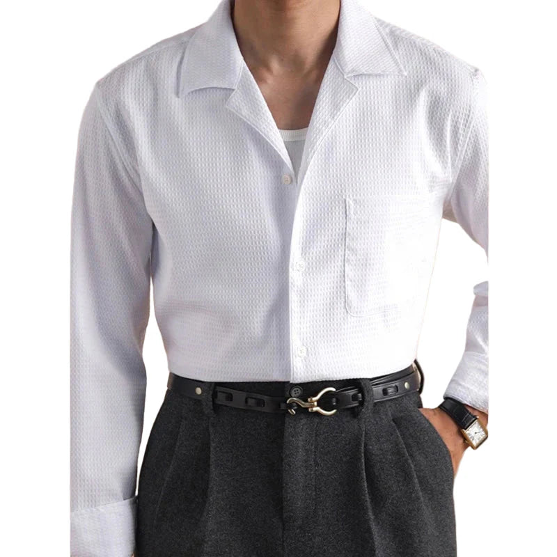 Men Cuban Collar Shirt | Long Sleeve | Casual Business Dress Shirt White