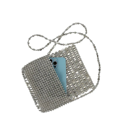 Women Bling Retro Silver Beaded Shoulder Bag | Handmade | Small Purse | Party