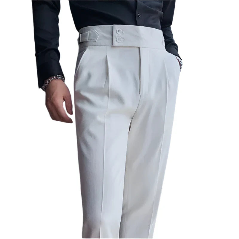 Men Vintage Pencil Pants | High Waisted Suit Pant | Slim Fit Pants with Buttons | Business Casual Straight Trousers White