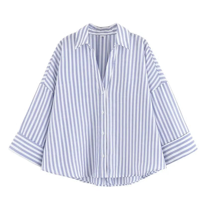 Women Casual Loose Top | Wide Sleeve Shirt | Summer Minimalist Holiday Top Blue Stripe