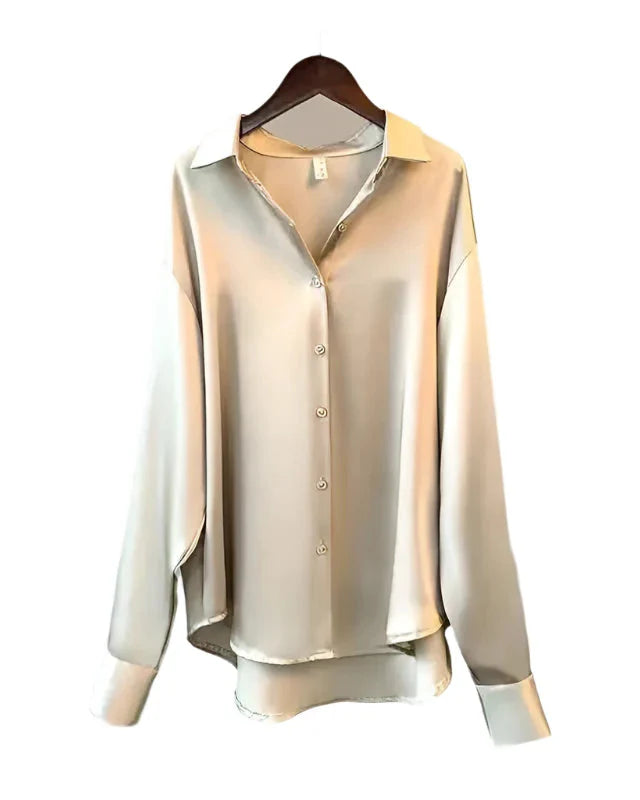 Women Satin Blouse | Long Sleeve Button-Down | Casual Office Silk Shirt Beige