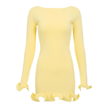 Women Color Contrast Knitted Mini Dress | Long Sleeves Party Dress Yellow