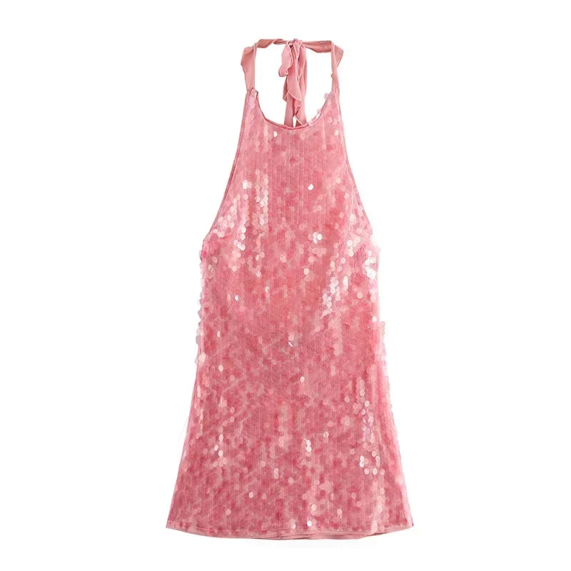 Women Sequin Halter Party Dress | Pink Slim Sleeveless Backless Mini Dress pink