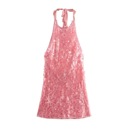Women Sequin Halter Party Dress | Pink Slim Sleeveless Backless Mini Dress pink